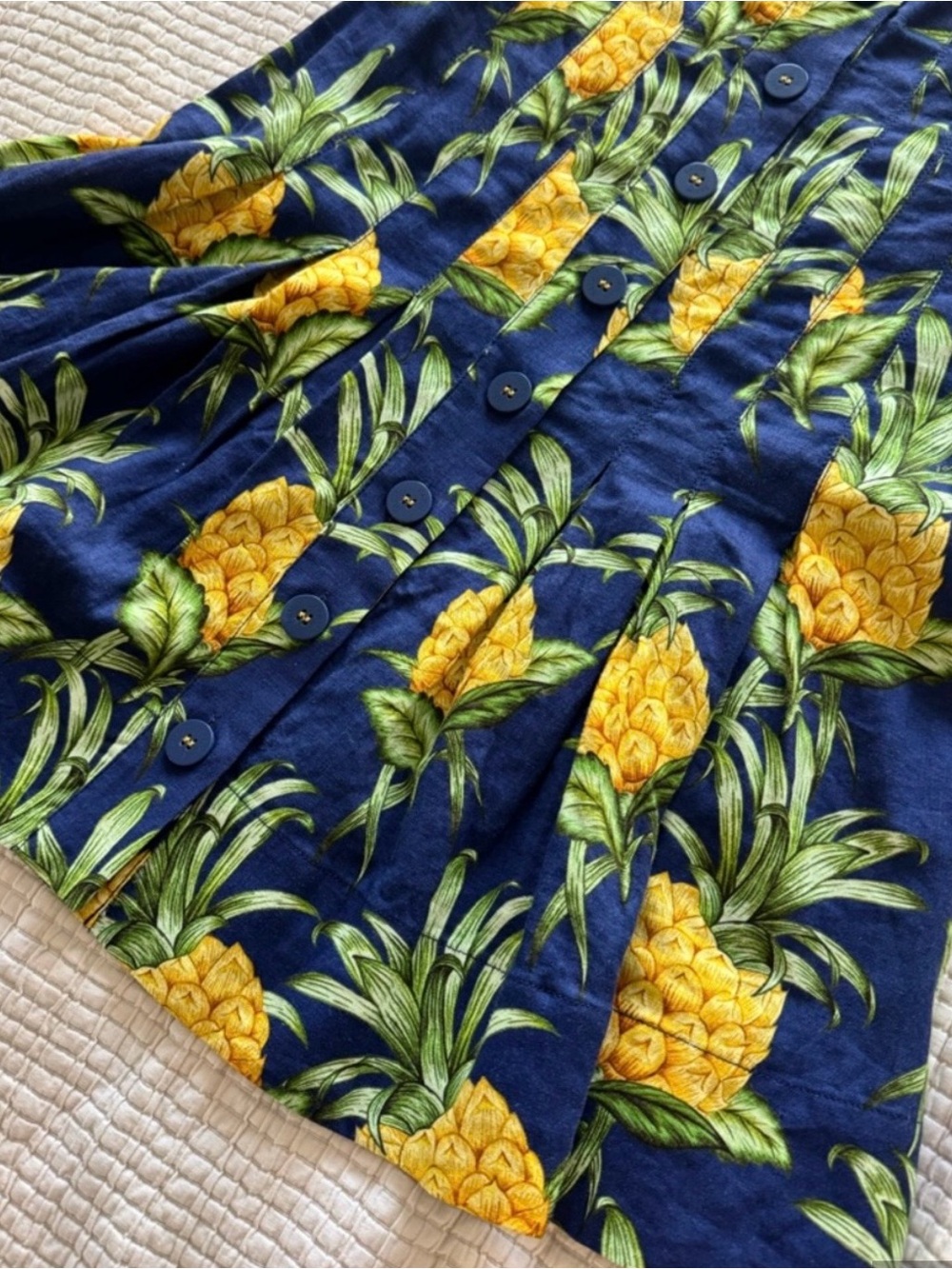 FARM Rio Navy & Yellow Pineapple Button-Front Puff Sleeve Dress - Picture 3 of 4